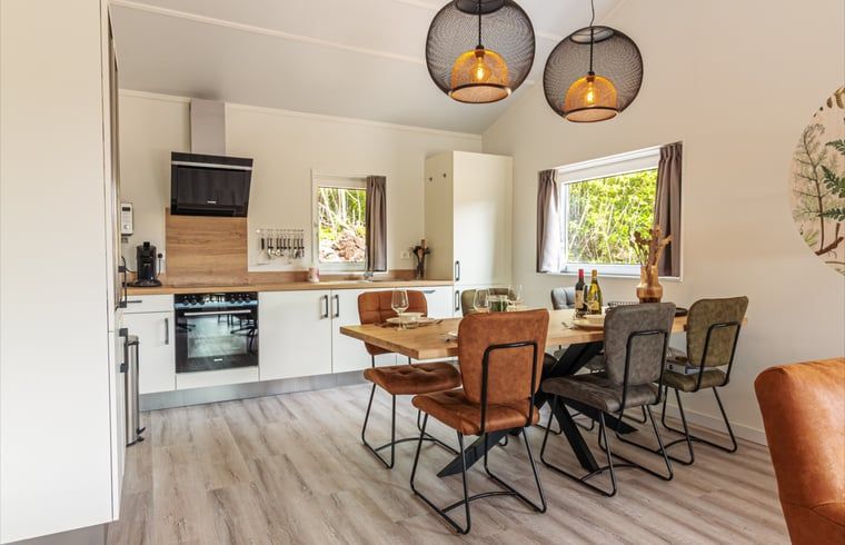 Moderne Kueche im Ferienhaus in Nes, Ameland, mit Essbereich und viel Licht.