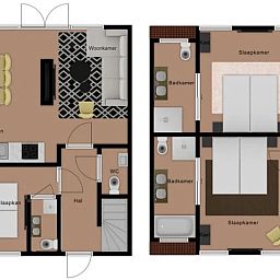 Plan of 6 person vacation home in De Cocksdorp Texel with layout of rooms.