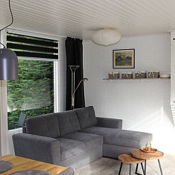 Gemuetliches Wohnzimmer im Bungalow Tamarisk 164 - Bartje, De Cocksdorp, Texel mit bequemem Sofa und viel Tageslicht.