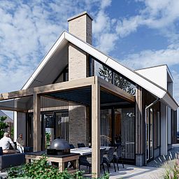 Gezellige veranda bij Chalet in De Cocksdorp, ideaal voor ontspanning op Texel, Waddeneilanden.