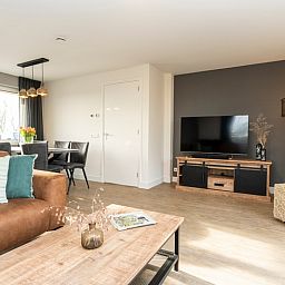 Modernes Wohnzimmer mit TV im Ferienhaus Duinoord Texel, De Cocksdorp, Watteninseln.