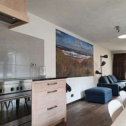 Gemuetliches Wohnzimmer in Orchismient 24, De Koog, Texel, mit Sofa und Kuestenlandschaft an der Wand.