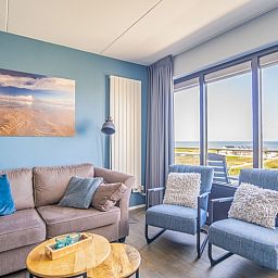 Blick auf das Meer vom Wohnzimmer des Appartements Juliana 156 Zeezicht, De Koog, Texel.