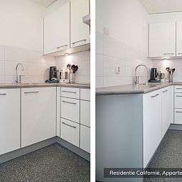 Fully equipped kitchen in Type 4 vacation home, De Koog, Texel. Modern amenities and sleek finish.