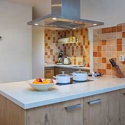 Gemuetliches Wohnzimmer des Appartements Geel in Den Hoorn, Texel, mit rustikalen Moebeln und moderner Kueche, ideal fuer einen entspannten Urlaub.