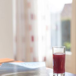 Relaxation in Type III - No. 21B Pheasant, Oosterend, Texel with a glass of juice and a book.