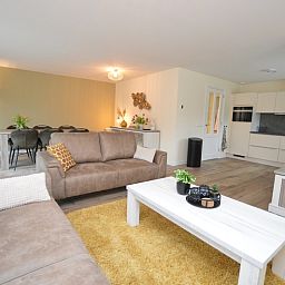 Offener Wohnbereich im Ferienhaus De Nagtegaal 23, De Dennen, Texel, mit moderner Kueche und Sitzecke.