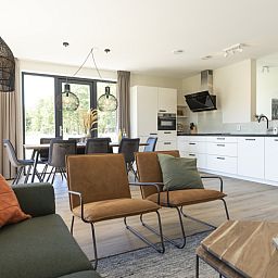 Stilvolles Wohnzimmer des Ferienhauses 1 in De Dennen Texel, mit moderner Kueche und gemuetlicher Sitzecke.