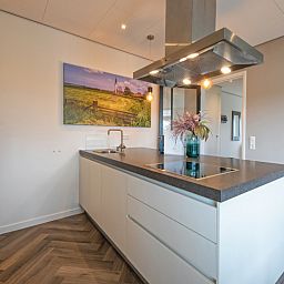 Strakke keuken met kookeiland in Appartement Bos en Duin 01, De Dennen, Texel.