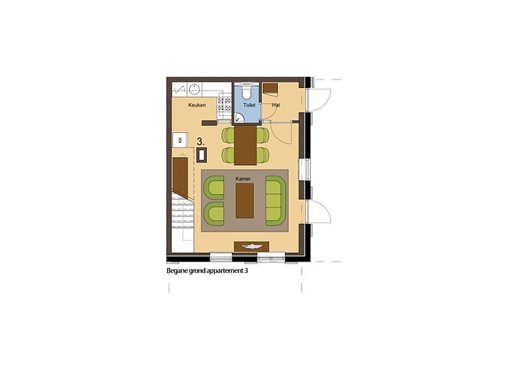 Cozy living room in Type T-3 vacation home, De Cocksdorp, Texel, with comfortable seating area.