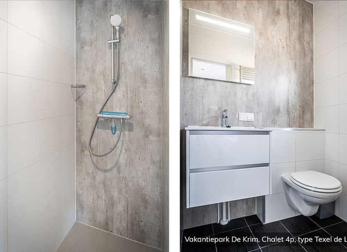 Ferienhaus Chalet Typ Texel de Luxe in De Cocksdorp, Texel mit sonniger Terrasse und gruener Umgebung.