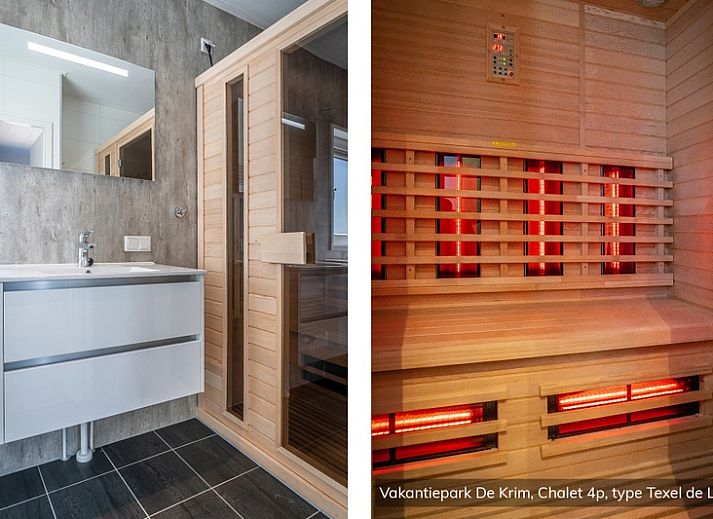 Ferienhaus Chalet Typ Texel de Luxe in De Cocksdorp, Texel mit sonniger Terrasse und gruener Umgebung.