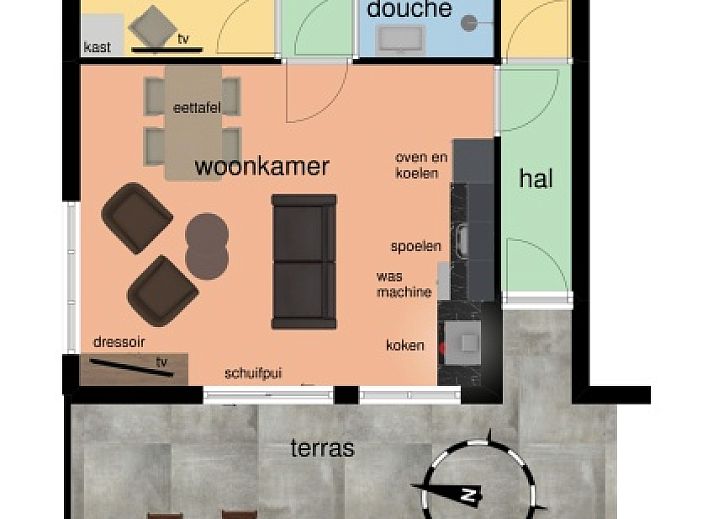 Cozy terrace at Type C Apartment de Stoeterij, De Cocksdorp, Texel, ideal for outdoor dining amid greenery.