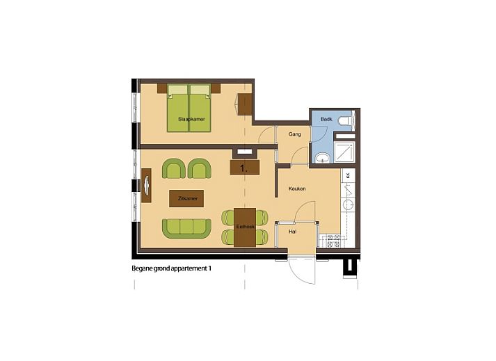 Gemuetliches Wohnzimmer im Ferienhaus Typ R, De Cocksdorp, Texel, mit Sitzecke und Gartenblick.