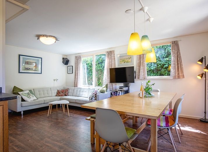 Geniessen Sie den sonnigen Garten des Ferienhauses Ganzenvlucht in De Cocksdorp, Texel, mit einer grossen Terrasse und bunten Blumen.