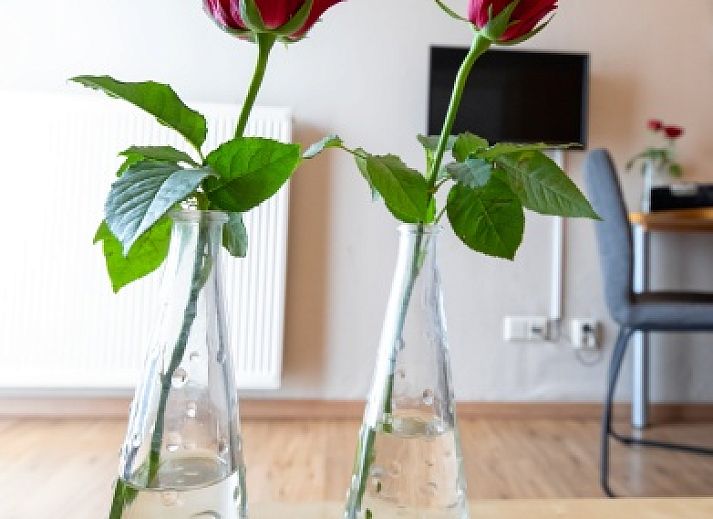Geraeumiges Schlafzimmer im Ferienhaus Typ 1 - 2100 in De Cocksdorp, Texel, mit bequemem Bett und Sitzecke.