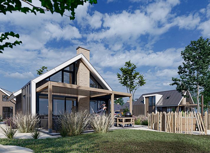 Chalet in De Cocksdorp met moderne architectuur omgeven door natuur op Texel, Waddeneilanden.