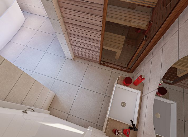 Uitzicht op de tuin en hot tub bij Chalet in De Cocksdorp, Texel, Waddeneilanden.