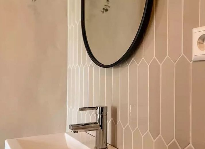 Achtertuin van Huisje in De Cocksdorp, vakantiehuis in Texel, met groene grasvelden en zonovergoten dak.