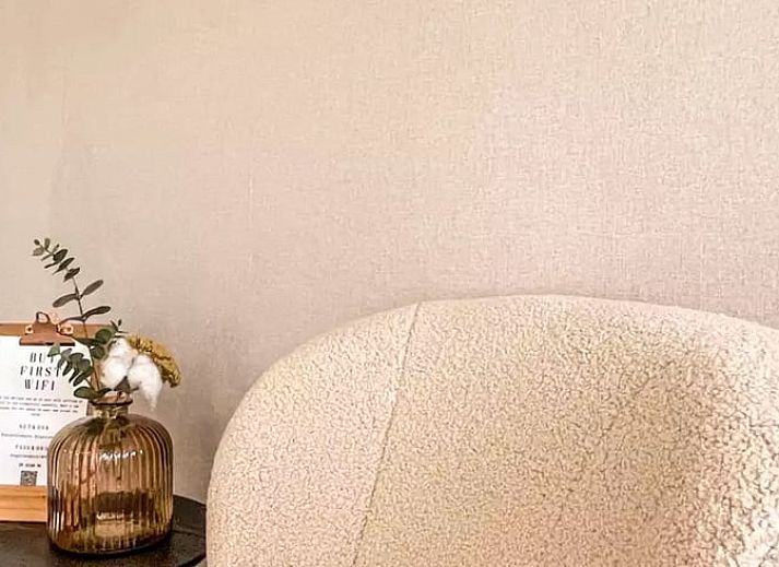 Achtertuin van Huisje in De Cocksdorp, vakantiehuis in Texel, met groene grasvelden en zonovergoten dak.