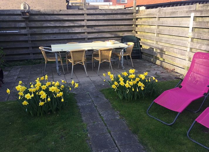 Backyard of The Duinputter vacation home in De Koog Texel with balcony and green view.