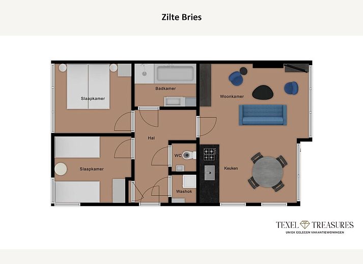 Stijlvolle binnenruimte van Zilte Bries vakantiehuis, De Koog, Texel, met kunst aan de muur.