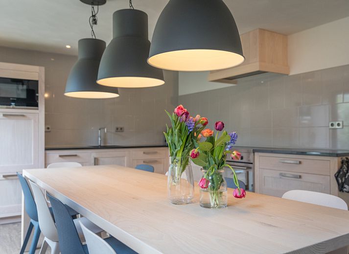 Moderne Kueche im Ferienhaus Orchismient 24, De Koog, Texel, mit grossem Esstisch und stilvoller Beleuchtung.