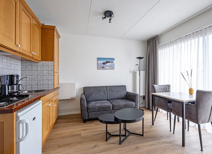 Gemuetliches Wohnzimmer in Zwei Personen Wohnung klein - Erdgeschoss, De Koog, Texel mit moderner Einrichtung und viel Tageslicht.