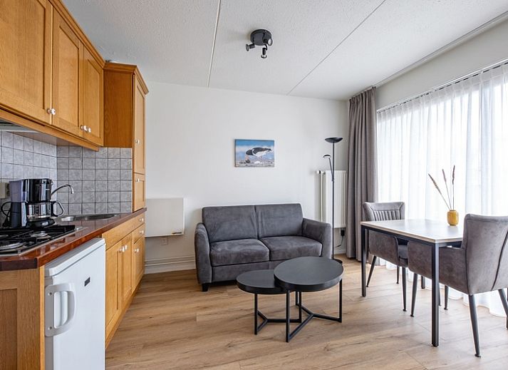 Gemuetliches Wohnzimmer in Zwei Personen Wohnung klein - Erdgeschoss, De Koog, Texel mit moderner Einrichtung und viel Tageslicht.