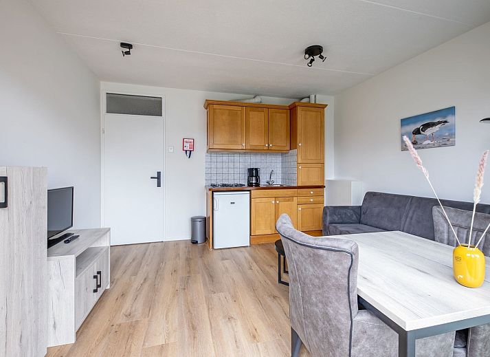 Gemuetliches Wohnzimmer in Zwei Personen Wohnung klein - Erdgeschoss, De Koog, Texel mit moderner Einrichtung und viel Tageslicht.