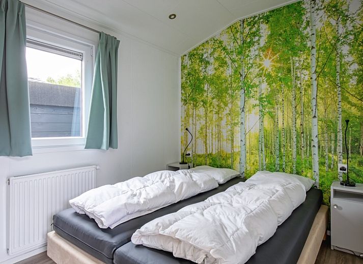 Sunny front view of Chalet Bregkoog 12, a vacation home in De Koog, Texel, ideal for a relaxing stay.