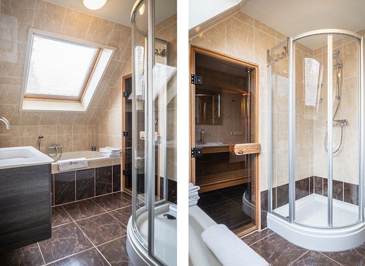 Spacious living room of Villa 304 in De Koog, Texel with comfortable seating area and garden view.