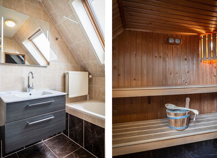 Spacious living room of Villa 304 in De Koog, Texel with comfortable seating area and garden view.