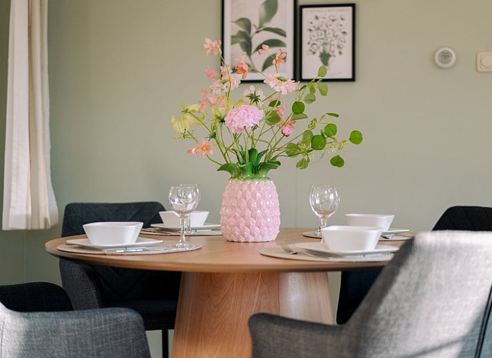 Chalet Bregkoog 24 in De Koog, Texel, with sunny terrace and green surroundings at Chaletpark Bregkoog.