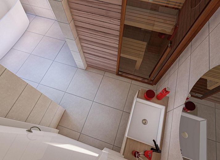 Bright living room in Duinvilla Wellness 6, Texel, with comfortable sofa and wooden wall decoration.