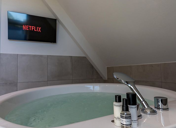 Innenbereich des Grauwe Kiekendief Ferienhauses mit Blick auf den Garten in Den Burg.