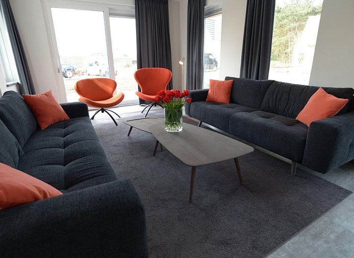 Stijlvolle woonkamer in Roggesloot vakantiehuis, Den Burg, Texel met moderne inrichting.
