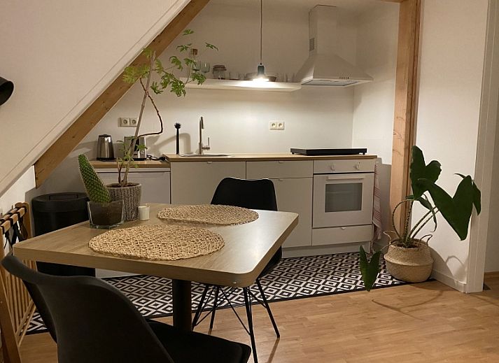 Aussenbereich des Doppelstudios 1 in Den Hoorn, Texel, mit einer sonnigen Terrasse und einem bunten Garten.