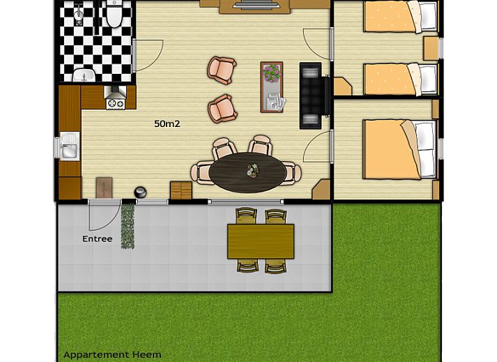 Ruime woonkamer van Appartement Heem in Den Hoorn, Texel, met comfortabele zitplaatsen en een rustieke inrichting.