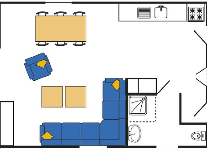 Veranda der Lodge - fuer 6 Personen in De Dennen, Texel, mit bequemen Sitzgelegenheiten.