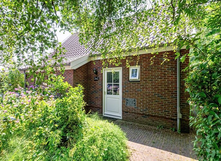 Vorderansicht von 't Mienthuis - De Prins, einem Ferienhaus in De Dennen, Texel, umgeben von bluehenden Hortensien.