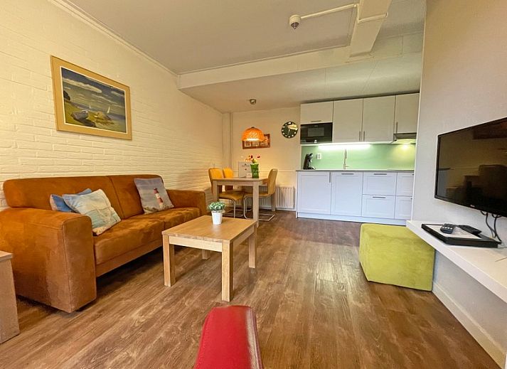Gezellige woonkamer van Appartement Bos en Duin 15 met uitzicht op De Dennen, Texel.