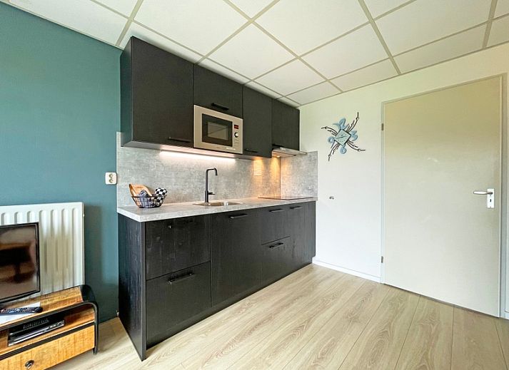 Gezellige woonkamer in Appartement Bos en Duin 17, De Dennen, Texel met uitzicht op de natuur.