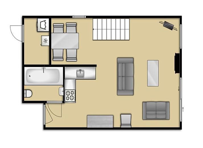 Gemuetliches Wohnzimmer und Kueche im Ferienhaus Gortersmient 282, De Dennen, Texel, ideal fuer einen gemuetlichen Aufenthalt auf den Watteninseln.