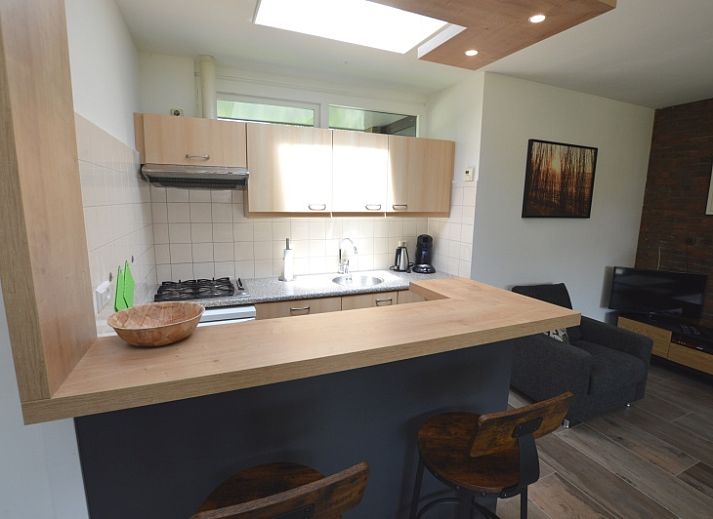 Gezellige woonkamer in Tempelierweg 17 vakantiehuis, De Dennen, Texel, met uitzicht op de tuin.