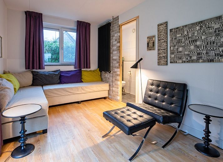 Moderne Sitzecke mit Kamin in der Villa De Rode H, Bungalowpark 't Hoogelandt, Texel.