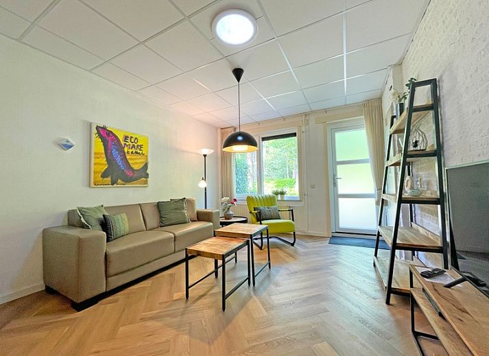 Gezellige woonkamer in Appartement Bos en Duin 05, De Dennen, Texel met moderne inrichting en kleurrijke accenten.