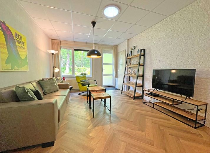 Gezellige woonkamer in Appartement Bos en Duin 05, De Dennen, Texel met moderne inrichting en kleurrijke accenten.