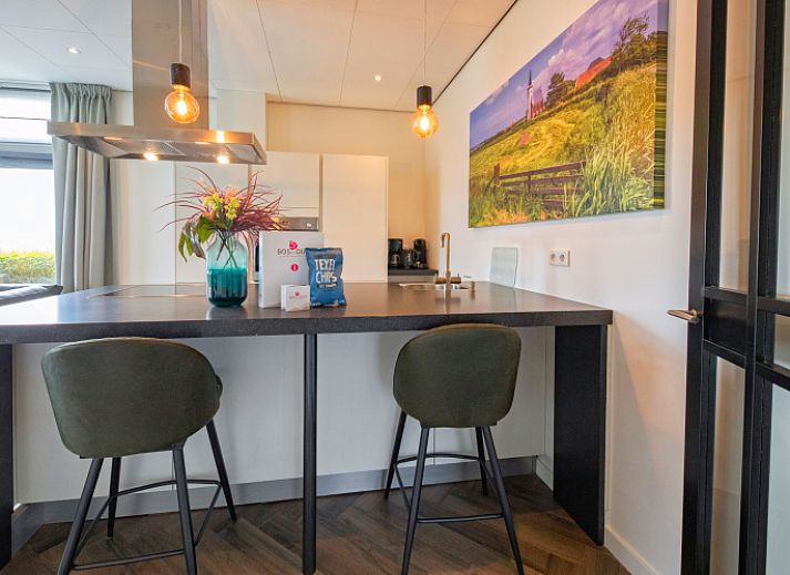 Moderne leefruimte in Appartement Bos en Duin 01, De Dennen, Texel met natuurlijke lichtinval.