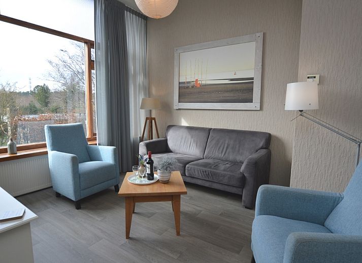 Gemuetliches Wohnzimmer im Ferienhaus Lelie, De Dennen, Texel mit bequemer Sitzecke und grossen Fenstern.